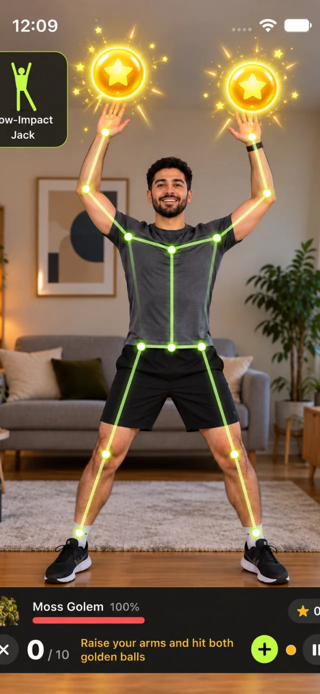 Reptera gameplay: a real person works out at home while the camera tracks their body to fight the boss